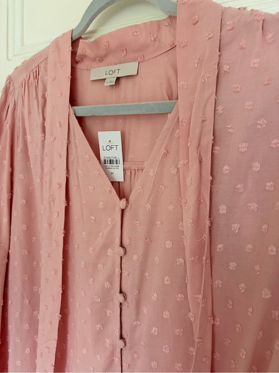 LOFT Tops - LOFT Dusty Rose Swiss Dot Tie-Neck Blouse